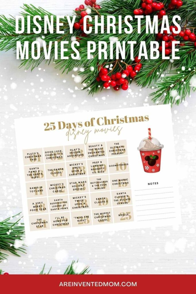 christmas flatlay with christmas disney movie calendar with text overlay