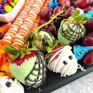 close up of a halloween charcuterie dessert board