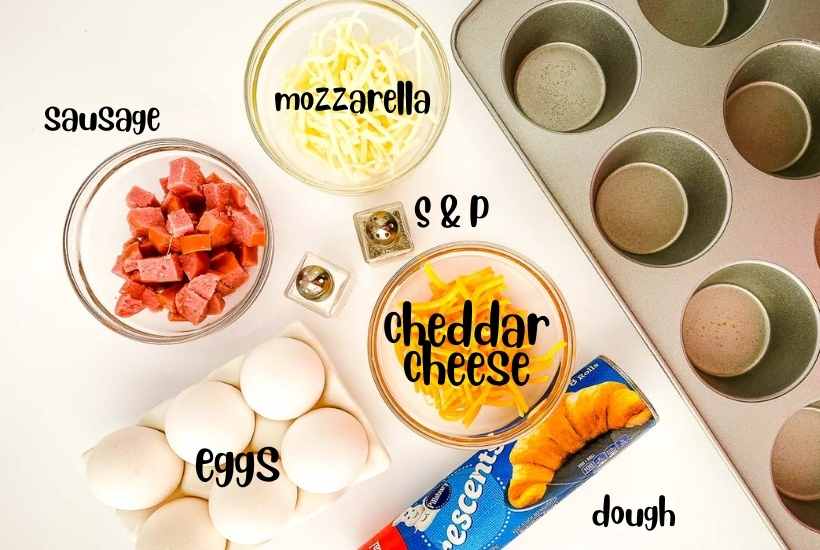 ingredients labeled to make crescent roll quiche next to a muffin tin