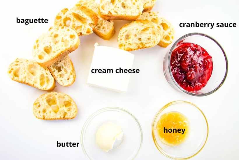 ingredients labeled to make cranberry crostini