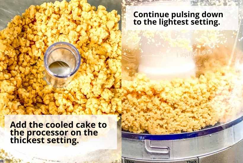 collage of images showing the cake being processed into crumbs.