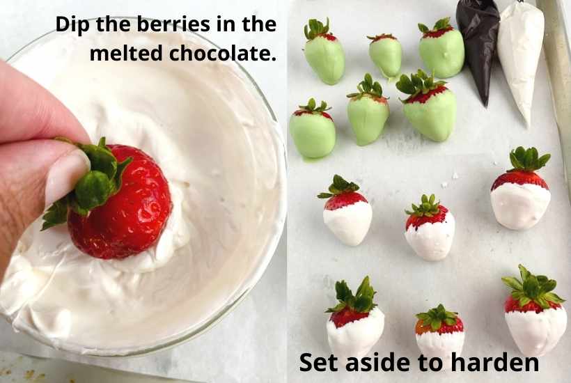 two image collage show the strawberries being dipped in melted chocolate and setting aside on a baking sheet