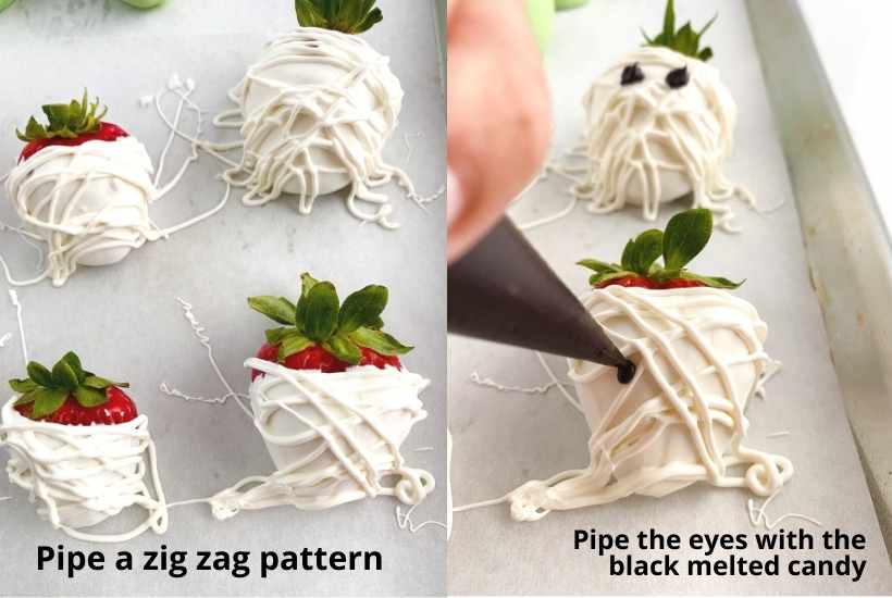 two image collage showing the candy being piped onto the mummy halloween strawberries