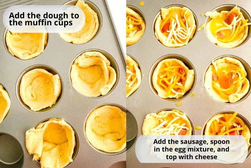 two image collage showing the dough going in the muffin tin followed by the other quiche ingredients
