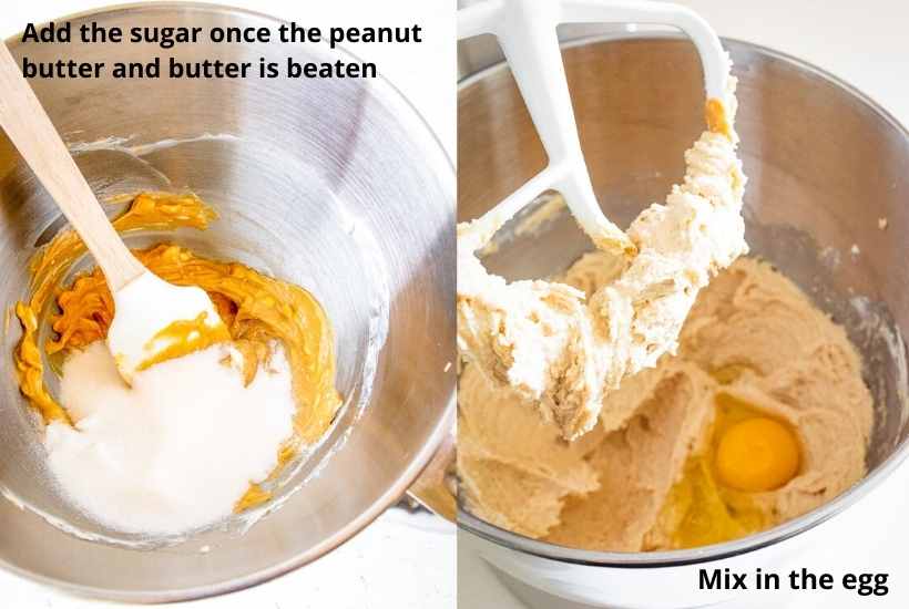 Two image collage showing the cookie dough being mixed together.