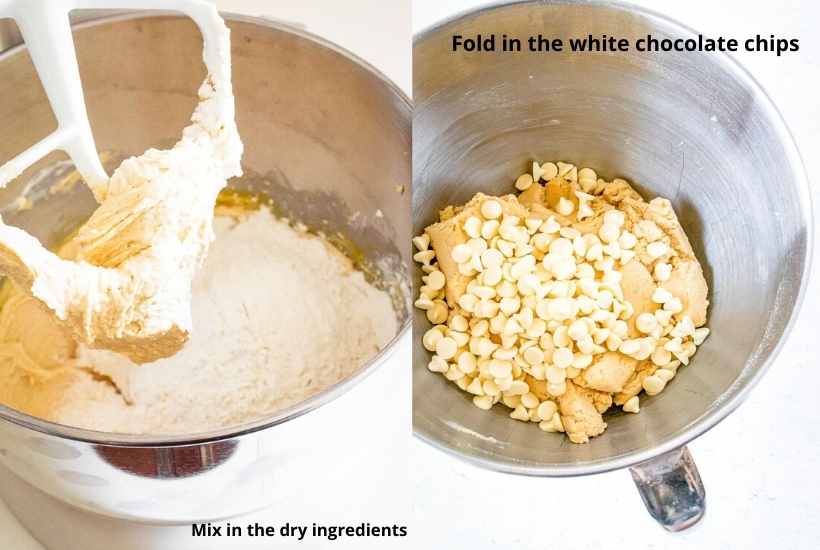 Two image collage with the dry ingredients being added in along with the white chocolate chips.