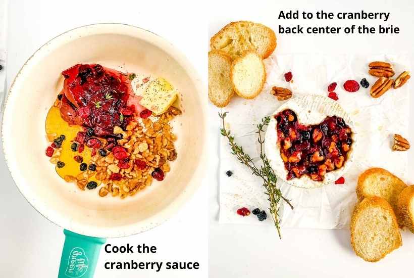 two image collage showing cranberry sauce being cooked and added to the brie