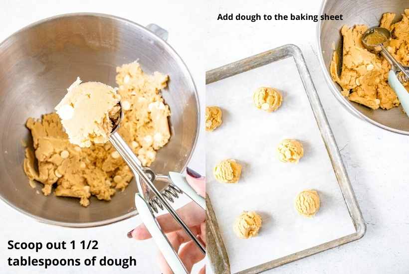 Two image collage of scooping out the peanut butter cookie dough and putting it on a baking sheet.