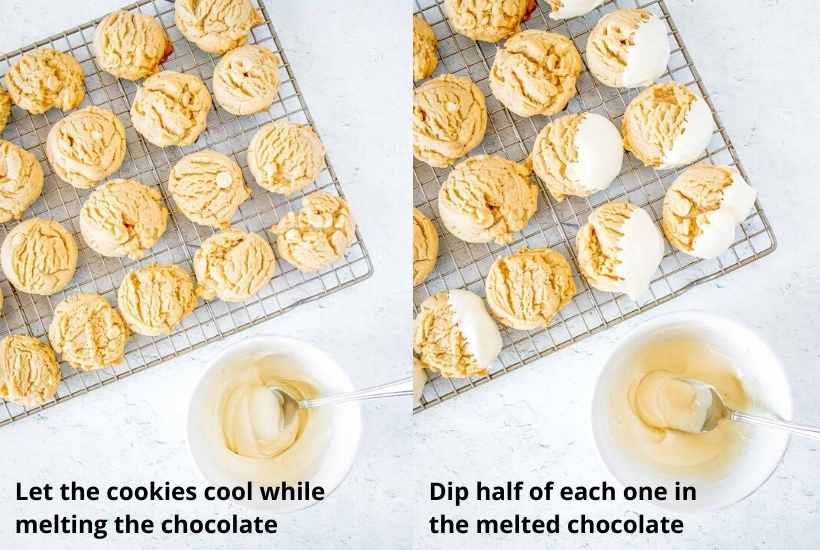 Two image collage of peanut butter cookies with white chocolate chips cooling on a wire rack then being dipped in chocolate.