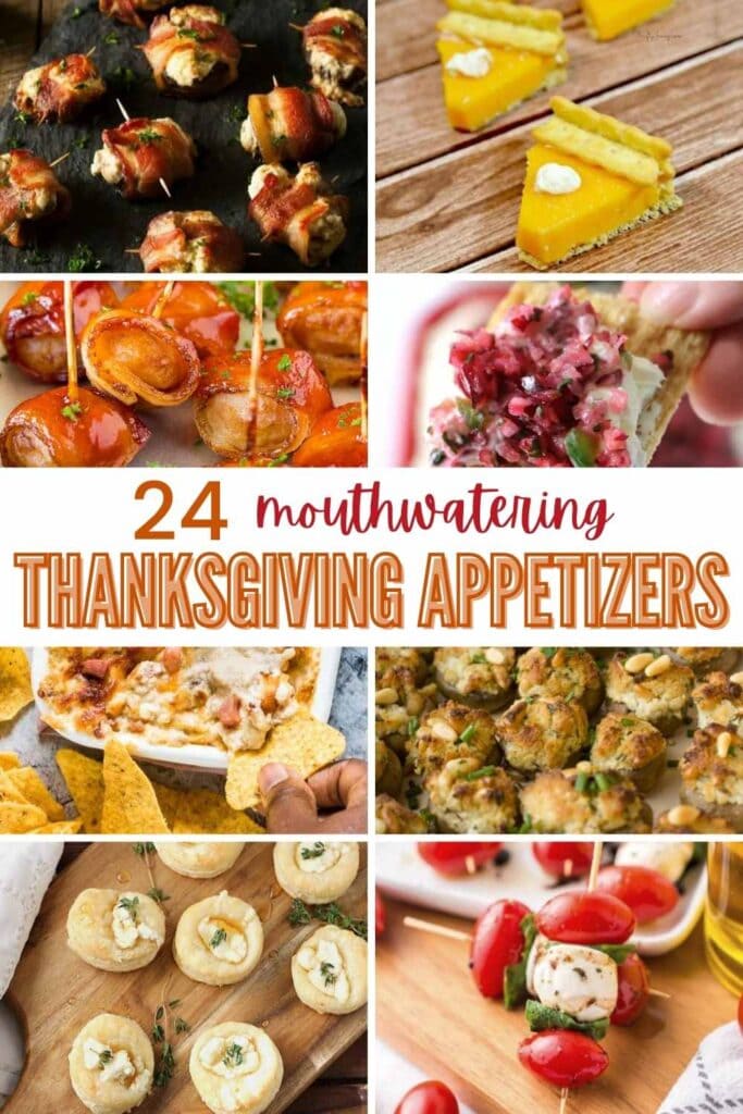 image collage with various thanksgiving appetizers with text