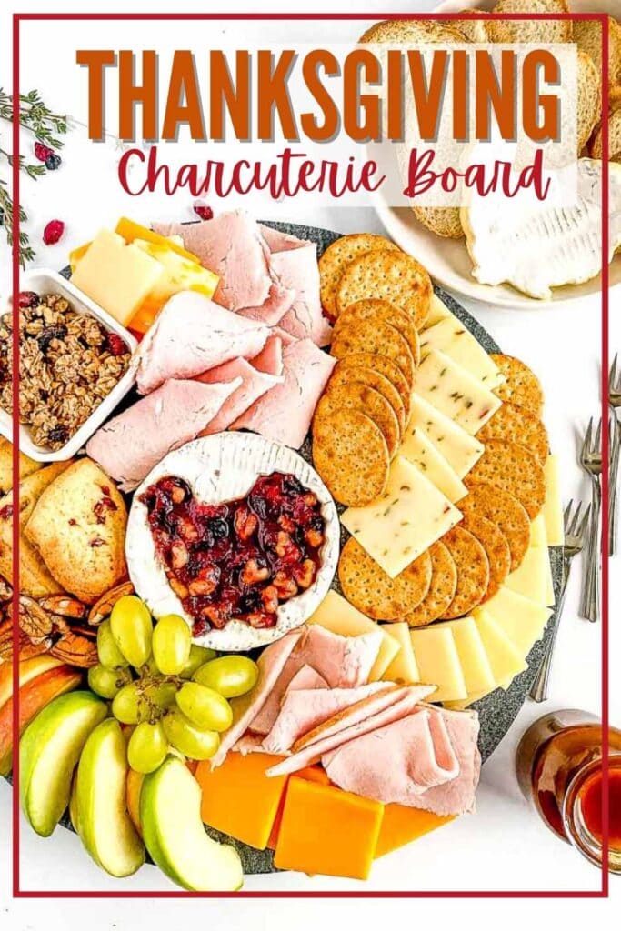 top shot of a thanksgiving charcuterie board with text overlay