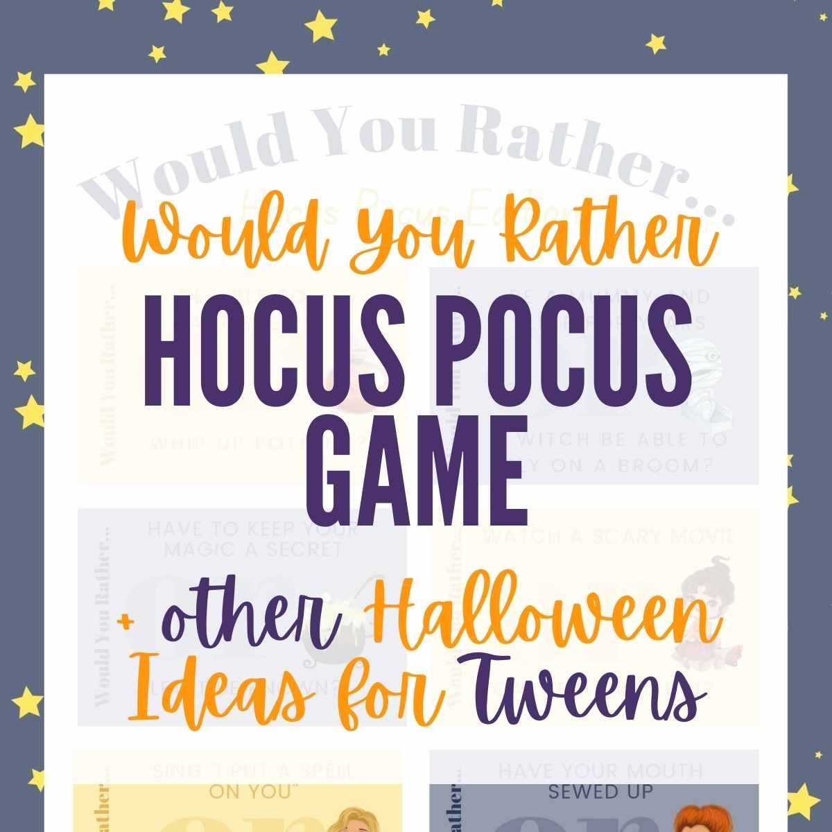 Hocus Pocus Halloween would you rather game board with text overlay