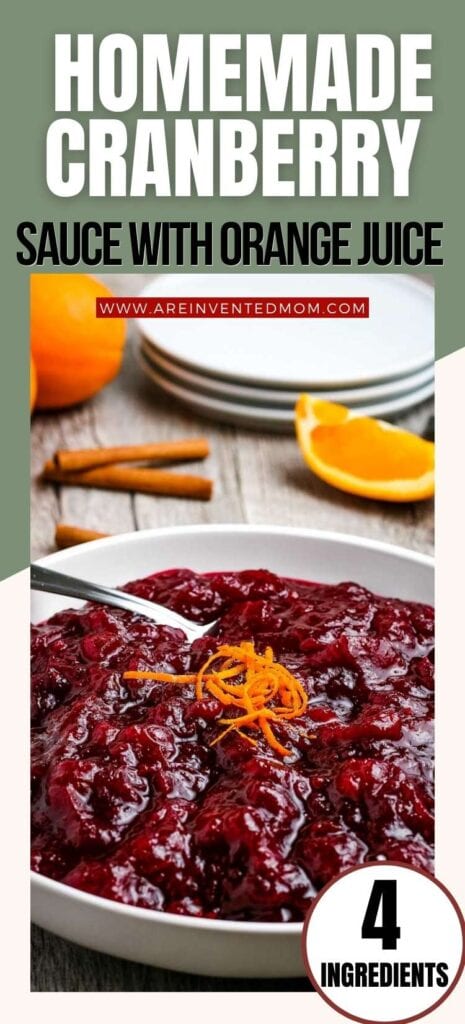 closeup of white bowl filled with fresh cranberry sauce garnished with orange zest and text overlay
