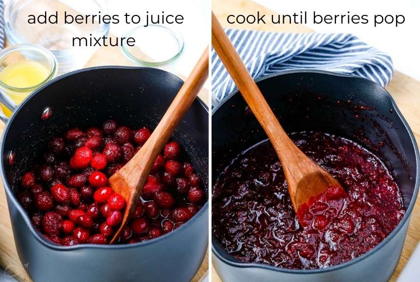 pots filled with uncooked and cooked cranberry sauce