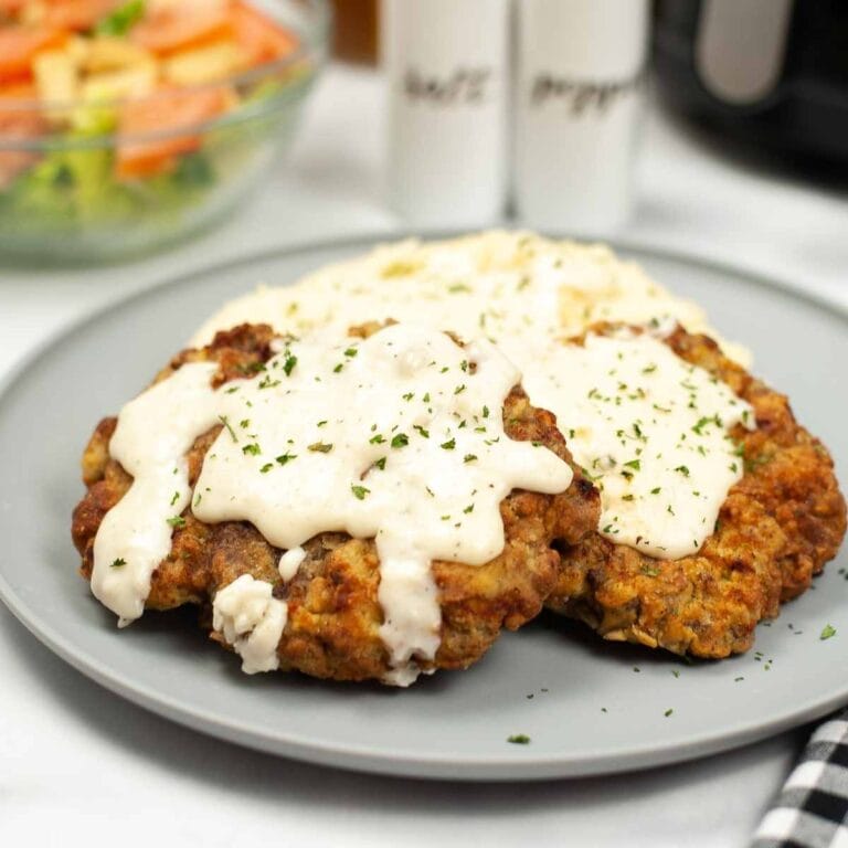 close up of air fryer chicken fried steak
