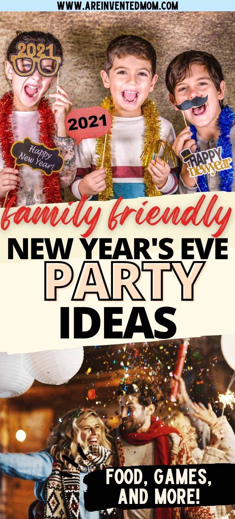 Two image collage of kids and adults celebrating a friendly new years eve party with text overlay.