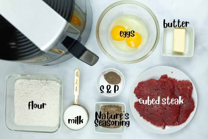 Ingredient to make chicken fried steak in air fryer with text labels.