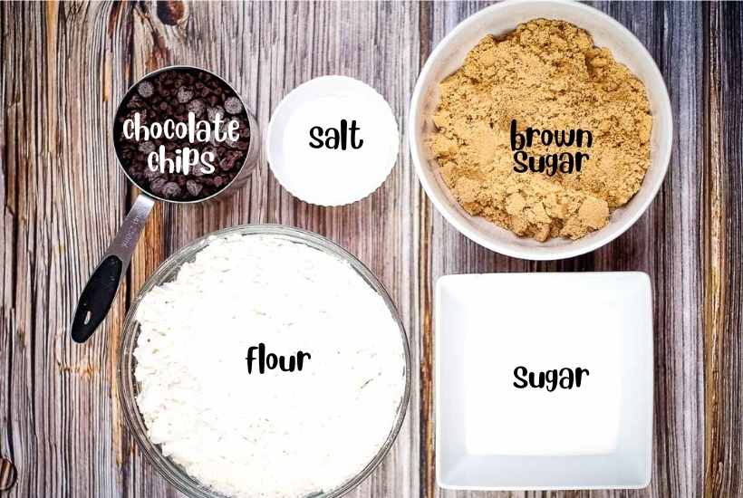 labeled ingredients for chocolate chip cookie mix