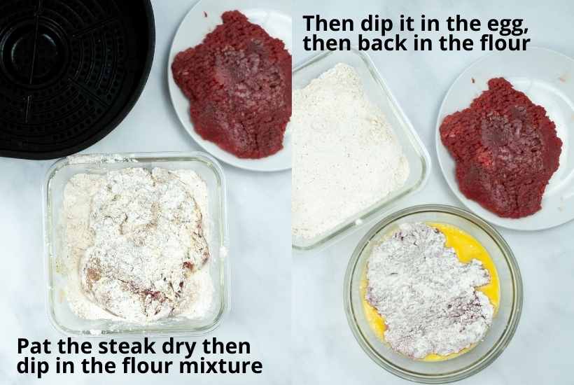 Two photo collage of steps one and two of dipping the steak in flour and then in the eggs with text overlay.