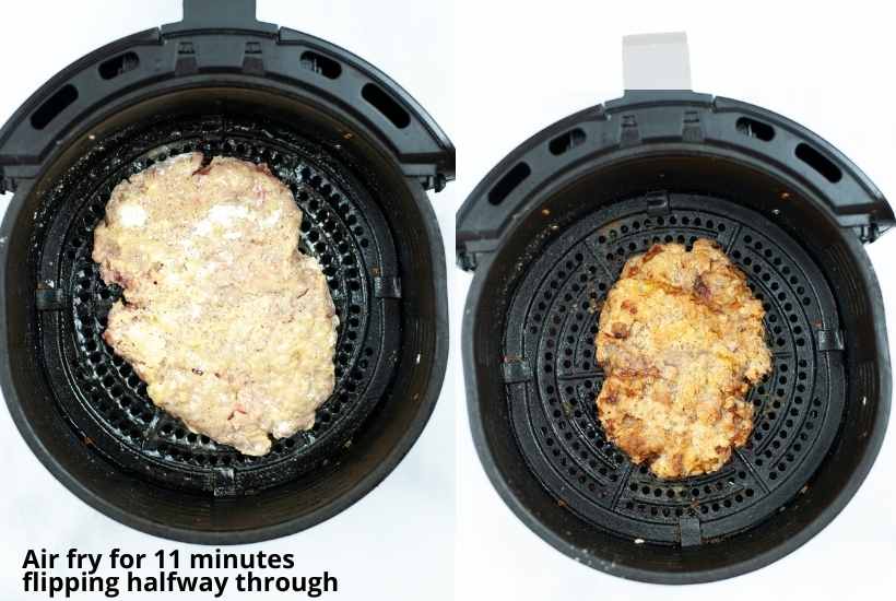 Two photo collage of an uncooked steak in the air fryer basket and after it has been cooked with text overlay.
