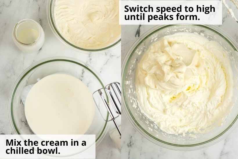 Two photo collage of whipping the heavy cream in a bowl and combining the whipped cream with the cream cheese mixture with text overlay.