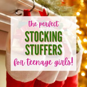 stockings filled with wrapped gifts with text overlay