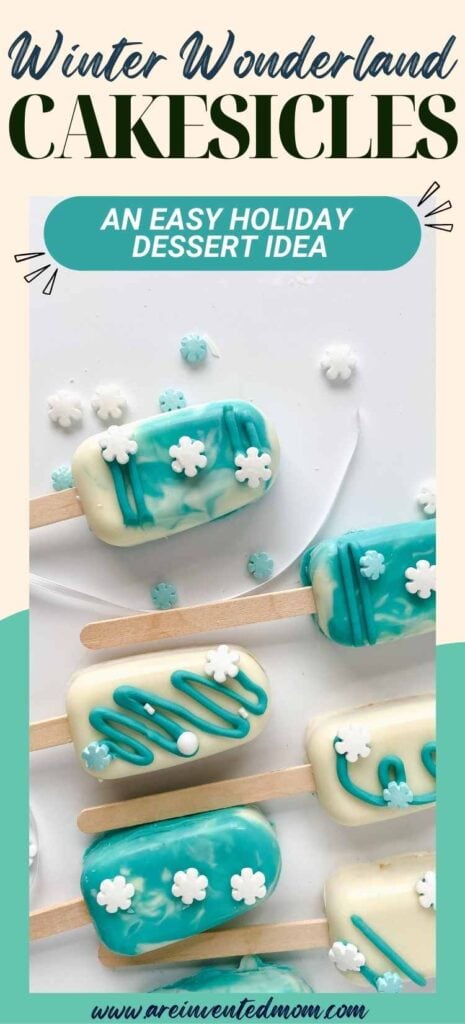 decorated Frozen winter wonderland cakesicles on a white background with text overlay.