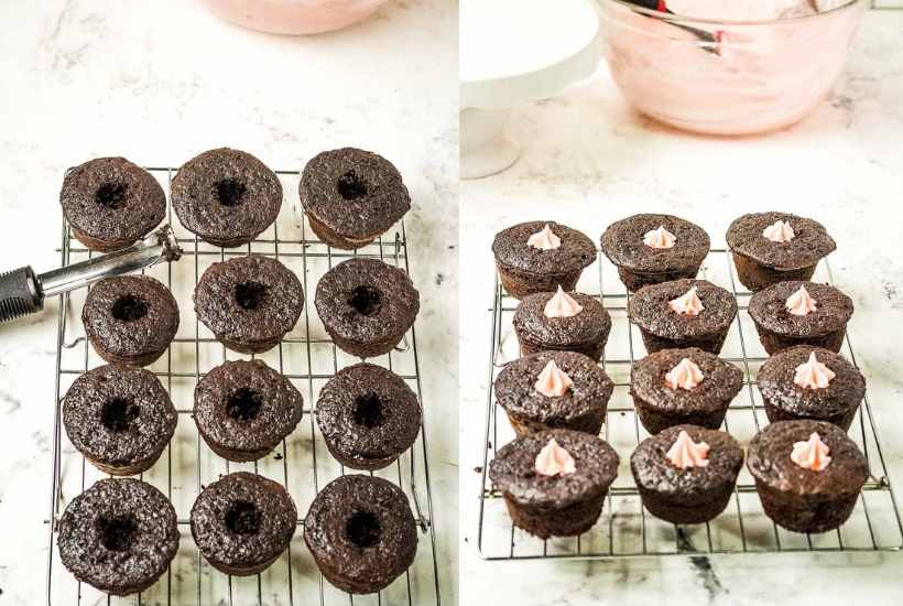 freshly baked cupcakes on a cooling rack with cores removed and filled with frosting