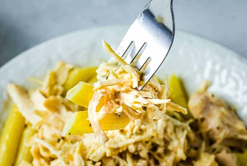 close up of olive garden chicken cooked with noodles