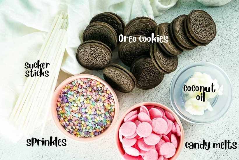Ingredients labeled for chocolate covered oreo pops.