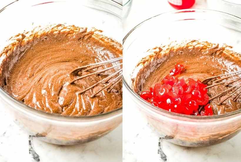 chocolate cupcake batter with chopped cherries in a mixing bowl