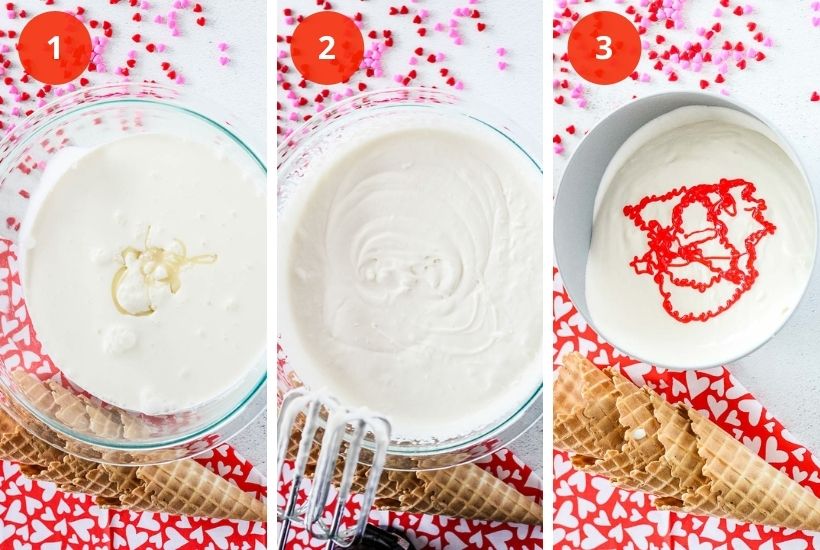 three image collage showing ice cream ingredients being mixed together and food coloring being added