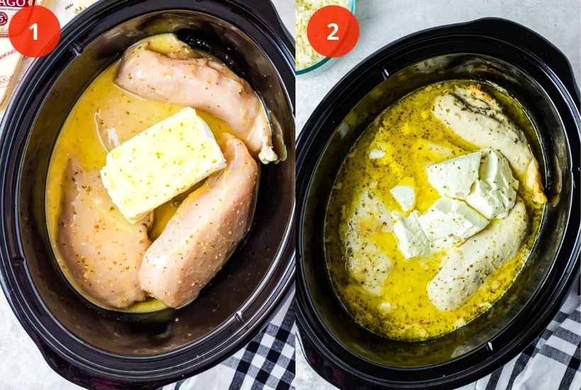 top view of steps 1 and 2 to make crockpot olive garden chicken