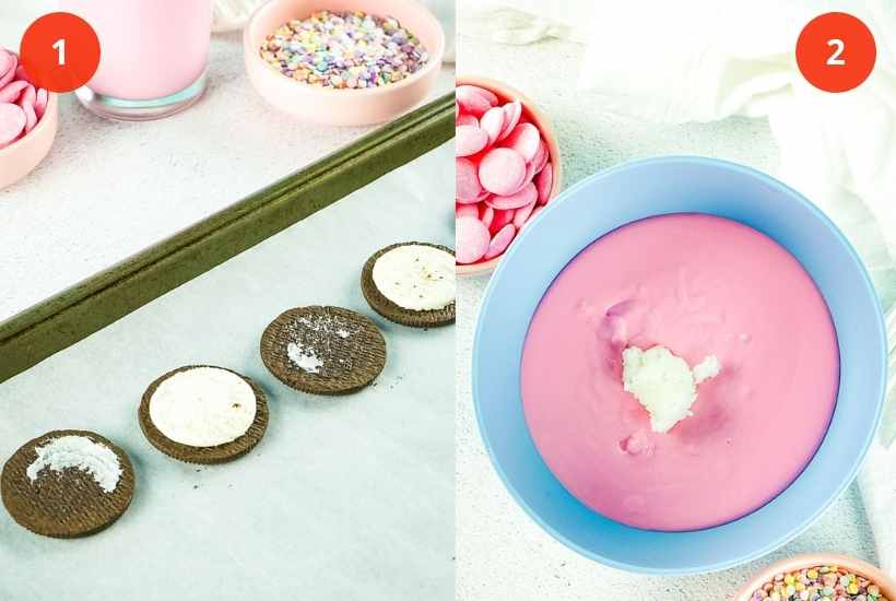 Two image collage showing oreos on a baking sheet and chocolate melted for dipping.