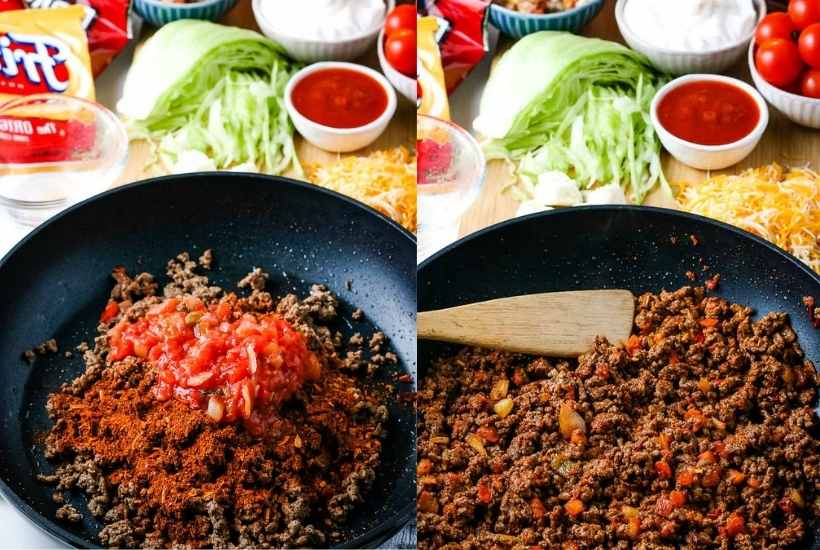 two image collage showing the taco meat being made in the skillet next to lettuce, cheese, and salsa