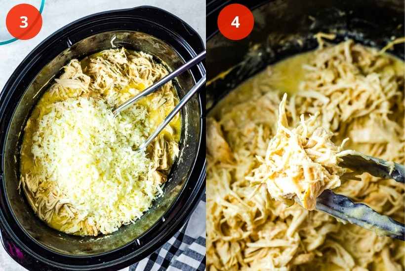 top view of shredded chicken for steps 3 & 4 to make crockpot olive garden chicken