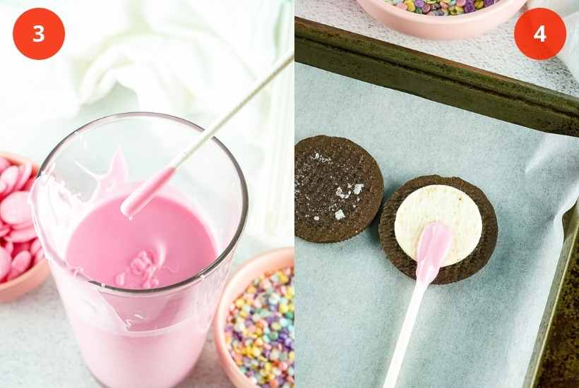 Two image collage showing stick being dipped in chocolate then placed on open oreo.