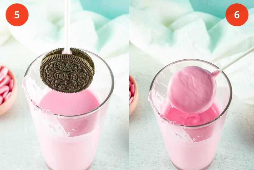 Two photo collage of dipping an oreo on a stick into melted pink chocolate.