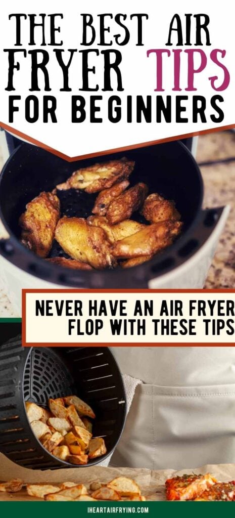 two image collage with food cooking in the air fryer with text