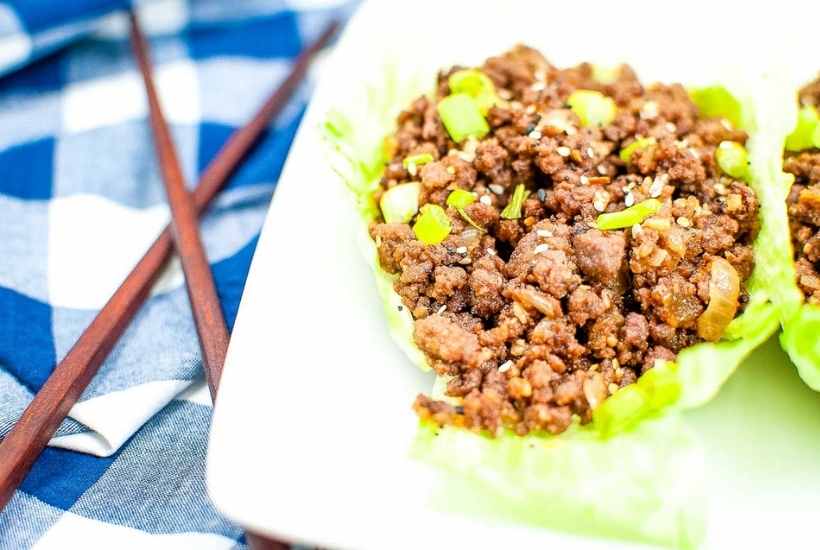 Closeup view of Korean ground beef made in a lettuce cup.