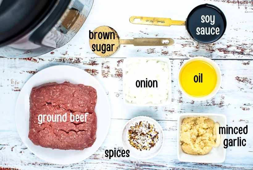 Ingredients labeled to make Instant Pot Korean ground beef.