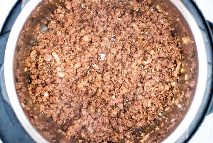 Overhead view of cooked Korean ground beef in the inner pot.