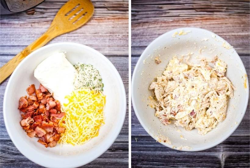 two image collage showing the cream cheese mixture for the roll ups.