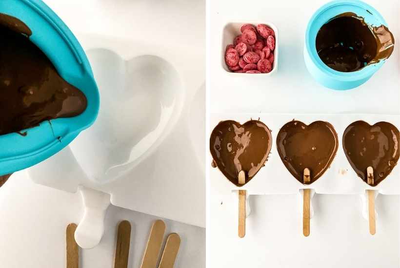 two image collage showing chocolate being poured in the molds and popsicle sticks being inserted