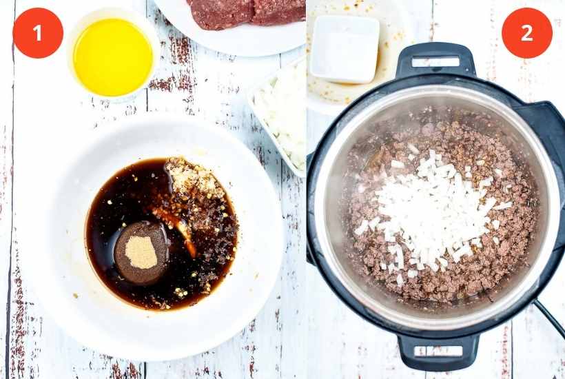 Two image collage showing the sauce ingredients in a bowl and the ground beef and onion being sautéed in the pressure cooker.