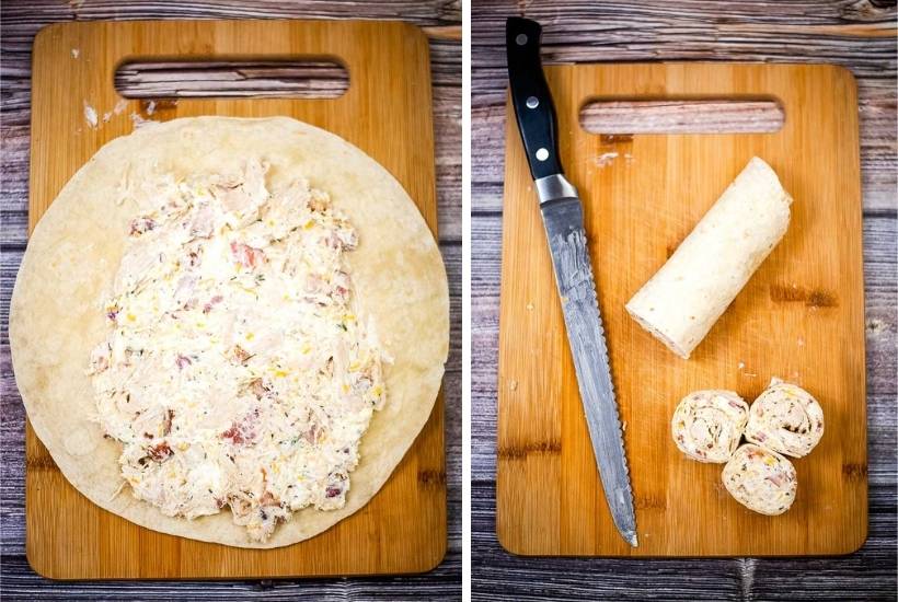 chicken and cream cheese mixture being added to the tortillas and rollups being sliced into pinwheels.