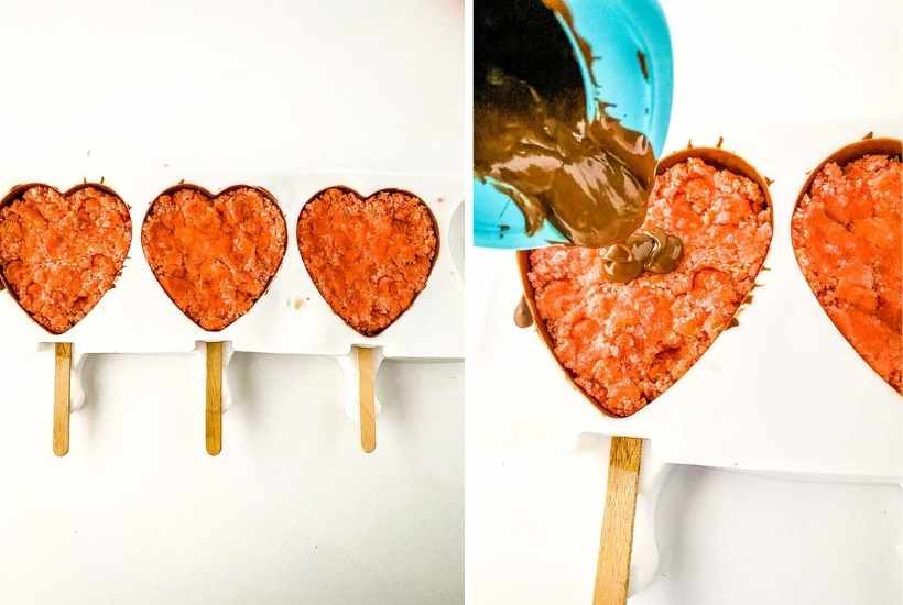 two image collage showing the strawberry cake in molds and melted chocolate being added