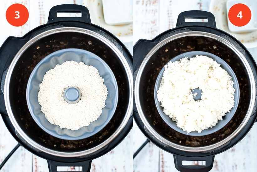 Two image collage showing the rice being added to the pan and the cooked rice.