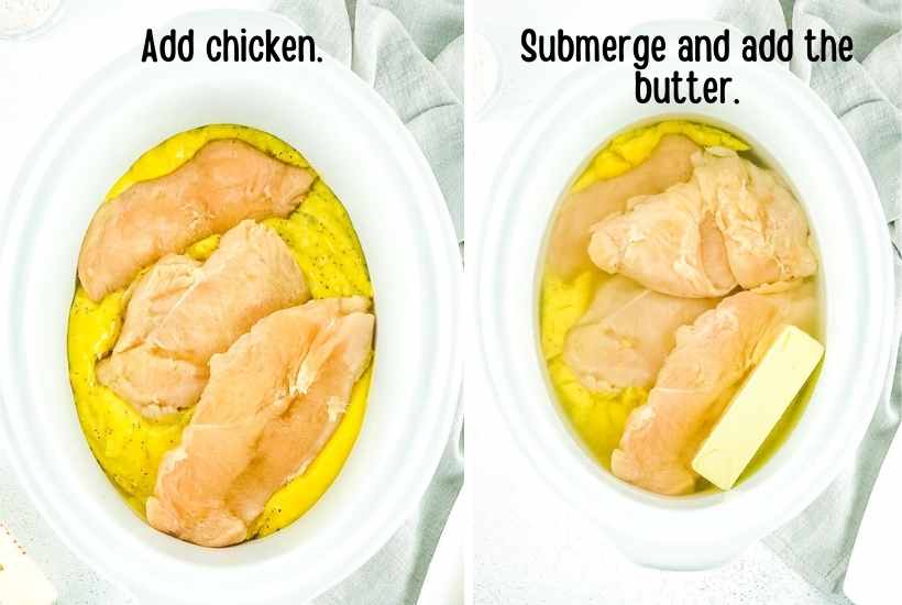 chicken breast and butter being added to the slow cooker