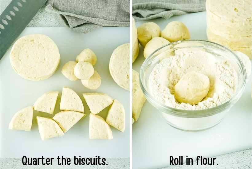 two image collage showing the biscuits being cut and floured